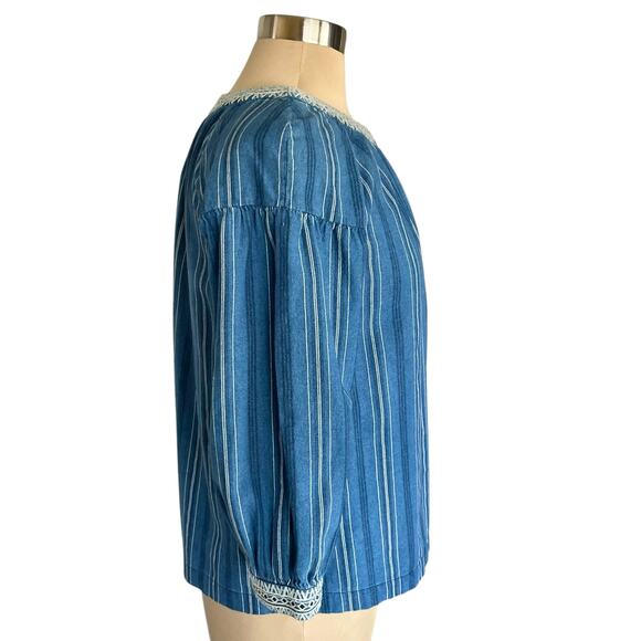 Massimo Dutti Blue Striped Keyhole Neck Embroidered Trim Top SMALL Spring Casual - Picture 2 of 6